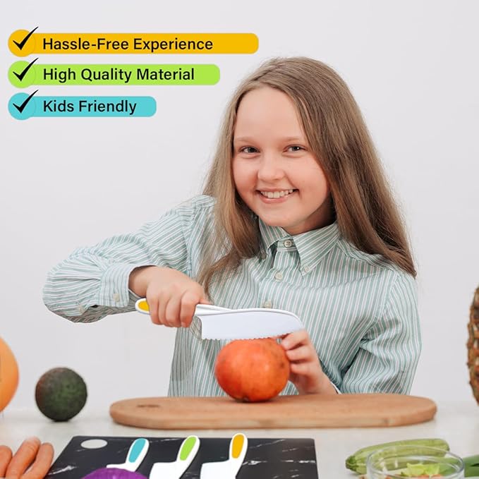 Toddler Knife Set of 3 - Firm Grip, Serrated Edges & Safe – Colorful Nylon Toddler Cooking Knives to Cut Fruits, Salad, Cake, Lettuce (Multi)