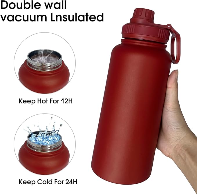 32oz Insulated Water Bottle ，Stainless Steel Sports Water Cup Flask with 2 Lids, Wide Mouth Travel Thermal Mug,Outdoor Sports Bottle（Deep red）