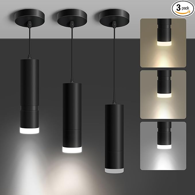 OKELI Pendant Lights, Modern Black Pendant Lights Fixture,3 Color Unique LED Pendant Lighting for Kitchen Island Bar,20W,3000-6000K, ETL(3Pack)