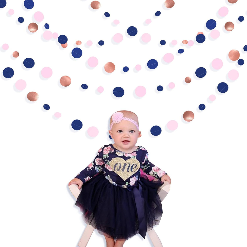 46Ft Navy Blue Blush Circle Dot Garland Royal Blue Pink Rose Gold Hanging Paper Polka Dot Streamer for Gender Reveal Baby Shower Birthday Engagement Wedding Bridal Shower Anniversary Party Decorations