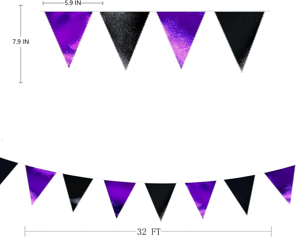 Purple and Black Party Decorations Metallic Fabric Triangle Pennant Banner Flag Bunting Garland for Graduations Birthday Retirement Wedding Baby Shower Bachelorette Halloween Outdoor Party Supplies