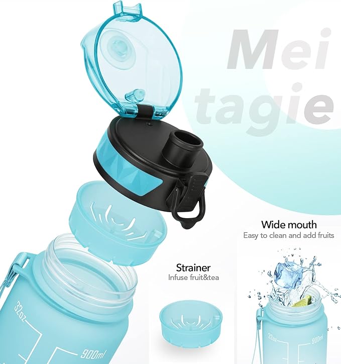 32oz/26oz Motivational Water Bottle with Time Marker & Fruit Strainer, Leak-proof BPA Free Non-Toxic 1l Bottle with Carrying Strap, Perfect for Fitness, Gym and Outdoor Sports, Plastic