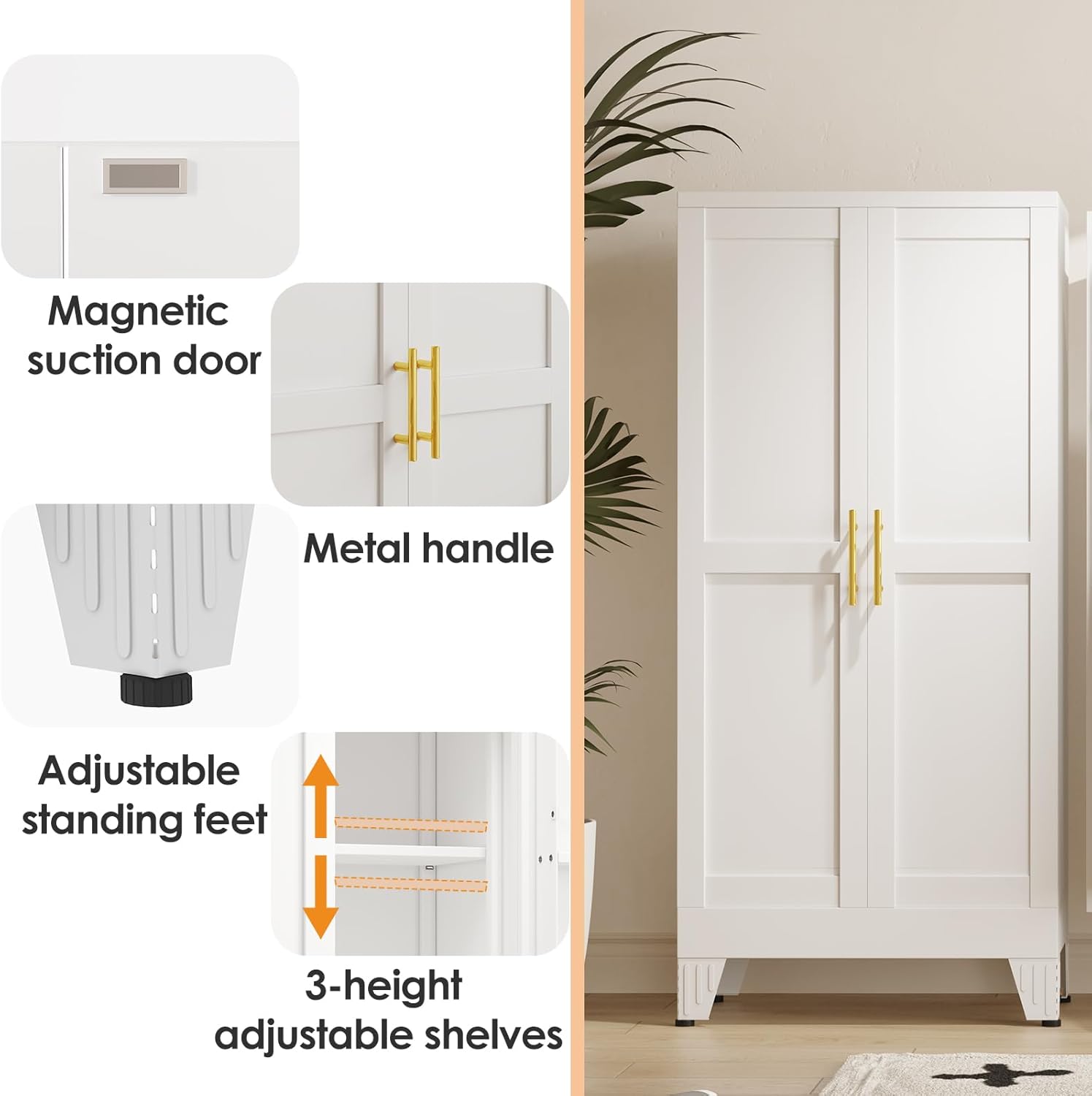 51" Kitchen Pantry Cabinet, Metal Storage Cabinet with 3 Adjustable Layer Shelves, 8 Door Shelves, Buffet Sideboard for Living Room, Kitchen, White