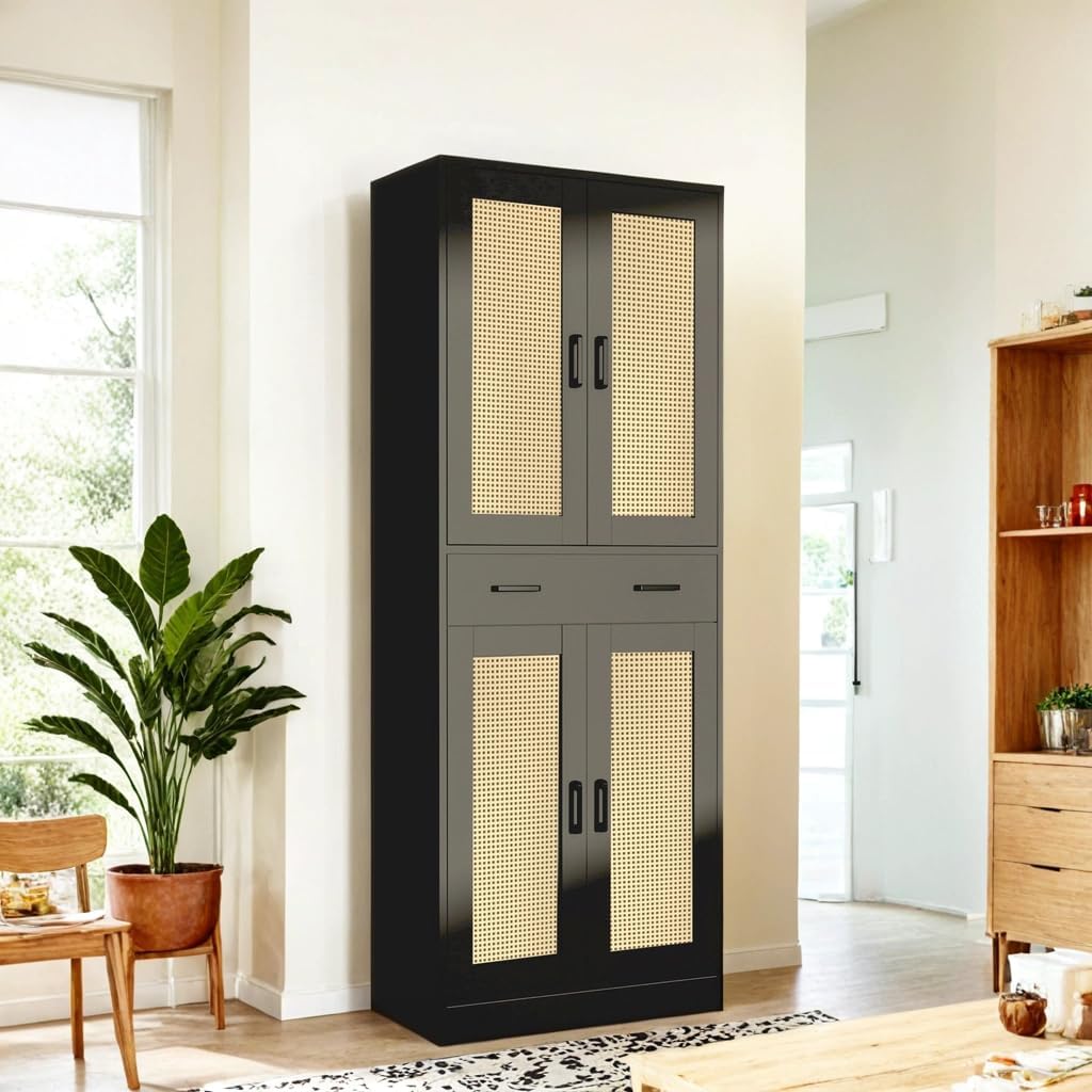 71" Tall Black & Rattan Pantry Cabinet - Boho Chic Kitchen Storage with Doors & Drawer for Dining Room, Hallway or Kitchen Organization