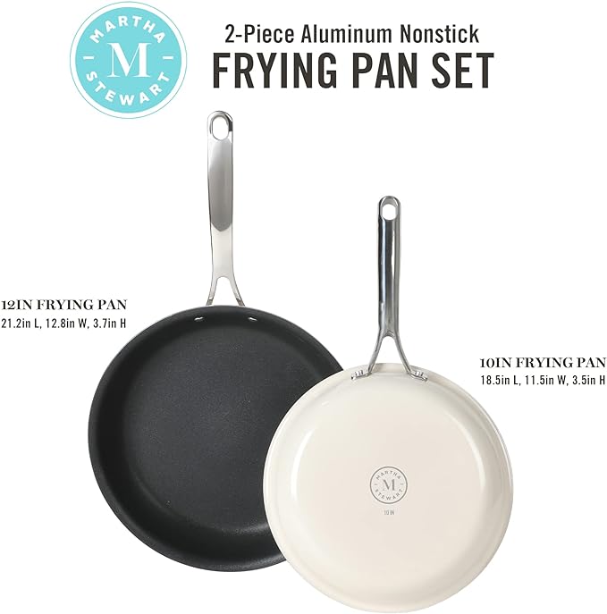MARTHA STEWART Lockton 2 Piece 10" & 12" Heavy Gauge Aluminum Premium Nonstick Fry Pan Set - Linen