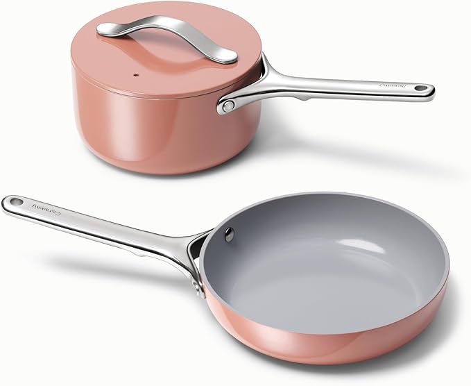 Caraway Mini Cookware Set - Non-Stick Ceramic Fry Pan (1.05 qt, 8") & Sauce Pan (1.75 qt) - Non Toxic, PTFE & PFOA Free - Oven Safe & Stovetop Agnostic (Gas, Electric & Induction) - Perracotta