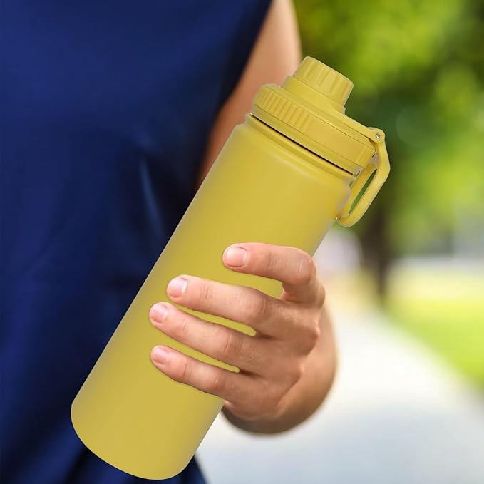 22oz Insulated Water Bottle ，Stainless Steel Sports Water Cup Flask with 2 Lids, Wide Mouth Travel Thermal Mug,Outdoor Sports Bottle（Mango yellow）