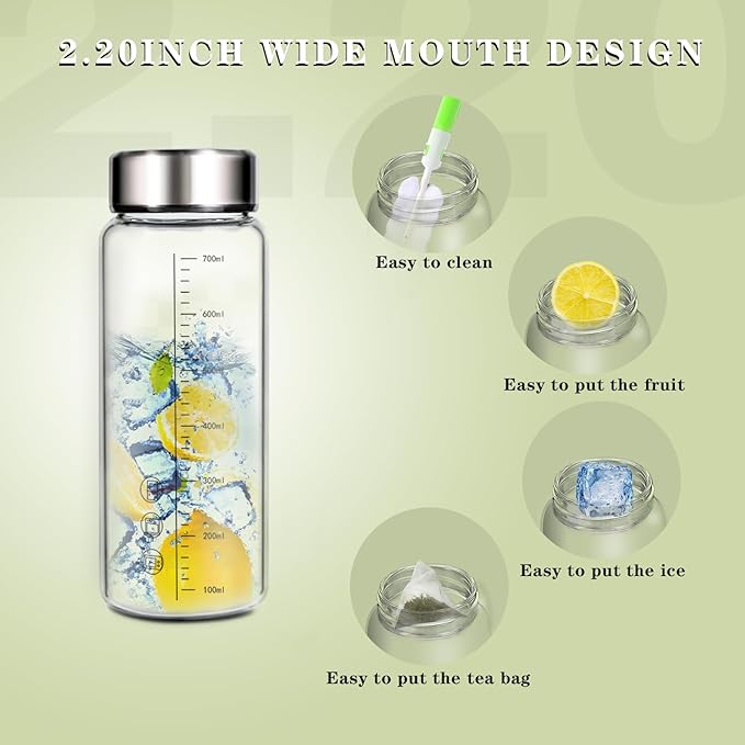 24oz Glass Water Bottle,Wide Mouth Glass Drinking Bottle,Large Sports Bottle,Juice Bbottle with Sleeve,Reusable Water Bottle