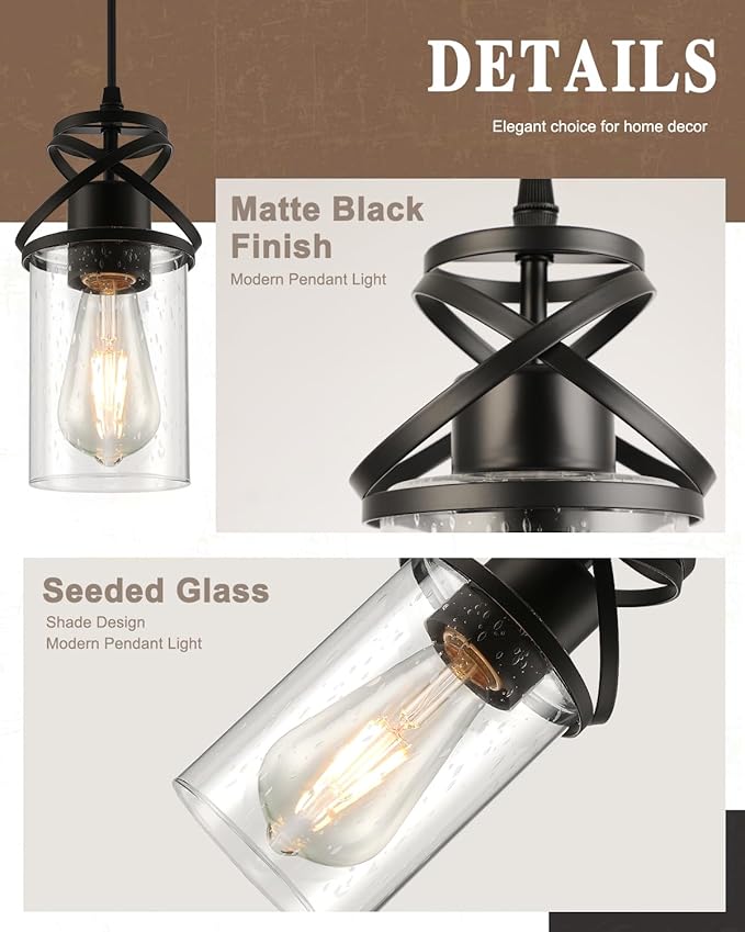 Industrial Pendant Light with Seeded Glass Shade, Black Farmhouse Hanging Light for Kitchen Island, Modern Ceiling Light Fixture for Dining Room Bedroom