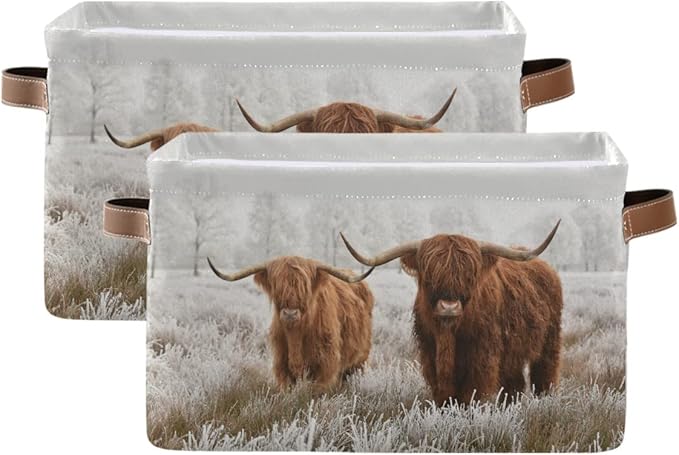 Scottish Highland Cow Storage Basket Fabric Storage Bin Baskets Bull Farmhouse Funny Animal Foldable Storage Boxes Bag for Baby Cloth Dog Toy Book Storage Cubes Shelf Closet Basket 16×12×8 Inches