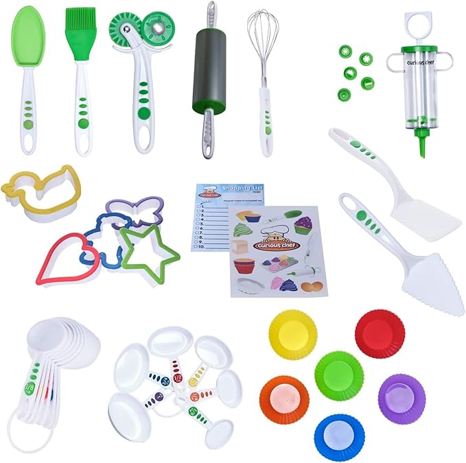 Curious Chef 38-Piece Cookie & Cupcake Kit for Kids, Dishwasher Safe & BPA-Free Plastic, Includes Real Tools - Measuring Spoon and Cup Set, Cookie Cutter, Silicone Liners, and More
