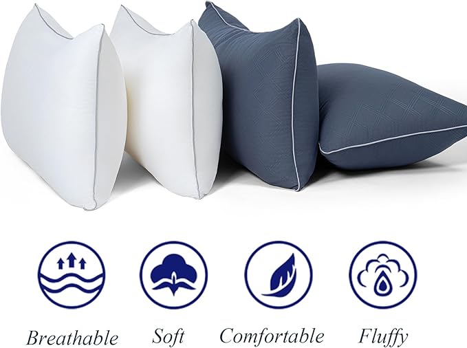 Pillows for Sleeping 4 Pack Bed Pillow Set of 4 for Side Back and Stomach Sleepers Down Alternative Filling Luxury Soft (Grey-White, Queen(4 Pack))
