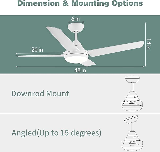 Newday 48-in Ceiling Fan with Lights and Remote, White Ceiling Fan with 4 Reversible Blades, Quit Motor, 3 Speed, Modern Adjustable Color Temperature for Indoor Outdoor