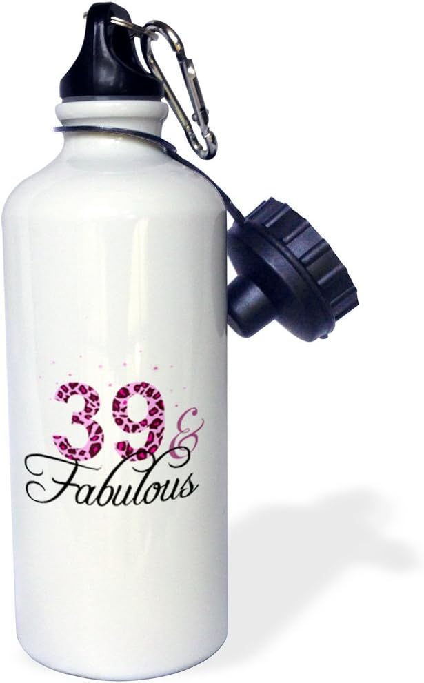 3dRose "39 and Fabulous-fun girly birthday gift-black and hot pink leopard print pattern bday diva text" Sports Water Bottle, 21 oz, White