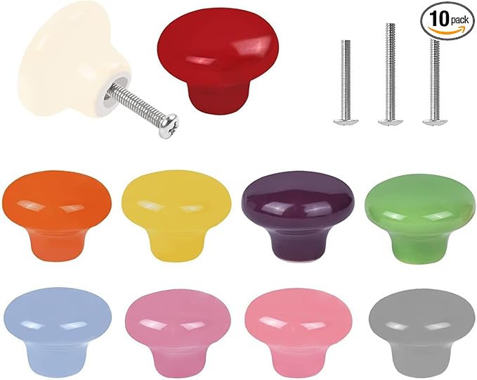 10x Colorful Cute Glossy Ceramic Knobs Door Pull Knob Cabinet Round Ceramic Drawer Cupboard Kitchen Dresser Kids Child Pulls Wardrobe Handles 32mm/1.25"