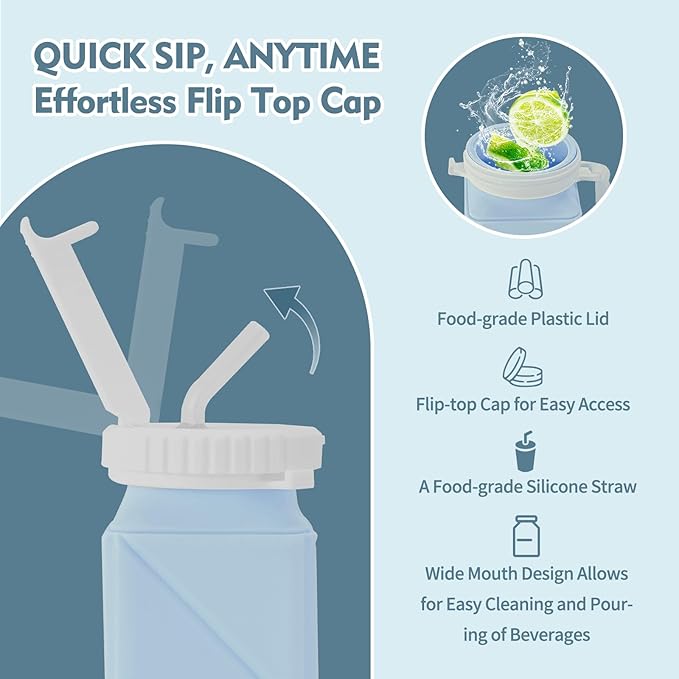 20 oz Water Bottle Collapsible | BPA Free Leakproof Lightweight Foldable Silicon Water Bottles | Twistable Water Cup | for Travel Gym Hiking Outdoor Camping Running Cycling Sports (Blue)