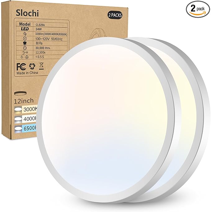2PACK LED Flush Mount Ceiling Light Fixture, 3000K-4000K-6500K & 150W Equivalent Modern Kitchen Recessed Ceiling Lamp 24W 3200Lm 12Inch Closet Round Surface for Bathroom Laundry Bedroom Hallway