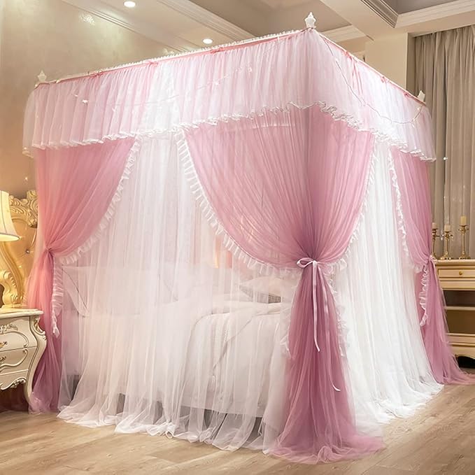 Mengersi Canopy Bed Curtains with Lights,4 Corner Bed Canopy Royal Luxurious Bed Drapes Netting,Princess Bed Curtains for Girls Adults Bedroom Decoration (Pink, King)