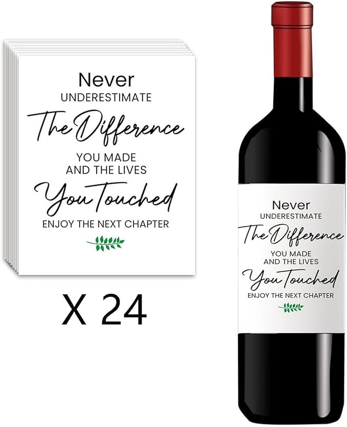 24 Pcs Retirement Wine Labels, Retirement Gifts for Women Men, Happy Retirement Wine Bottle Stickers Labels Gifts for Coworker, Never Underestimate The Difference You Made Wine Labels