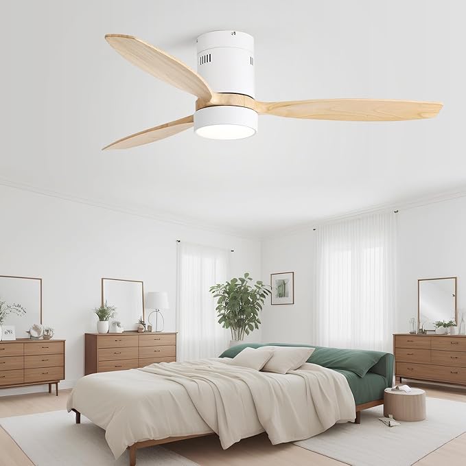 Sofucor 52 Inch Low Profile Ceiling Fan with Lights Remote Control Wood Blades Reversible DC Motor Modern Ceiling Fan for Kitchen, Bedroom, Basement, Dining, Living Room, Light Wood