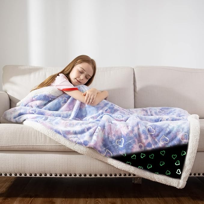 COSUSKET Glow in The Dark Blanket for Kids, Love Heart Luminous Birthday Super Soft Fuzzy Plush Sherpa Furry Fleece Multicolor Throw Blanket 50"x60" Boys Girls Gifts