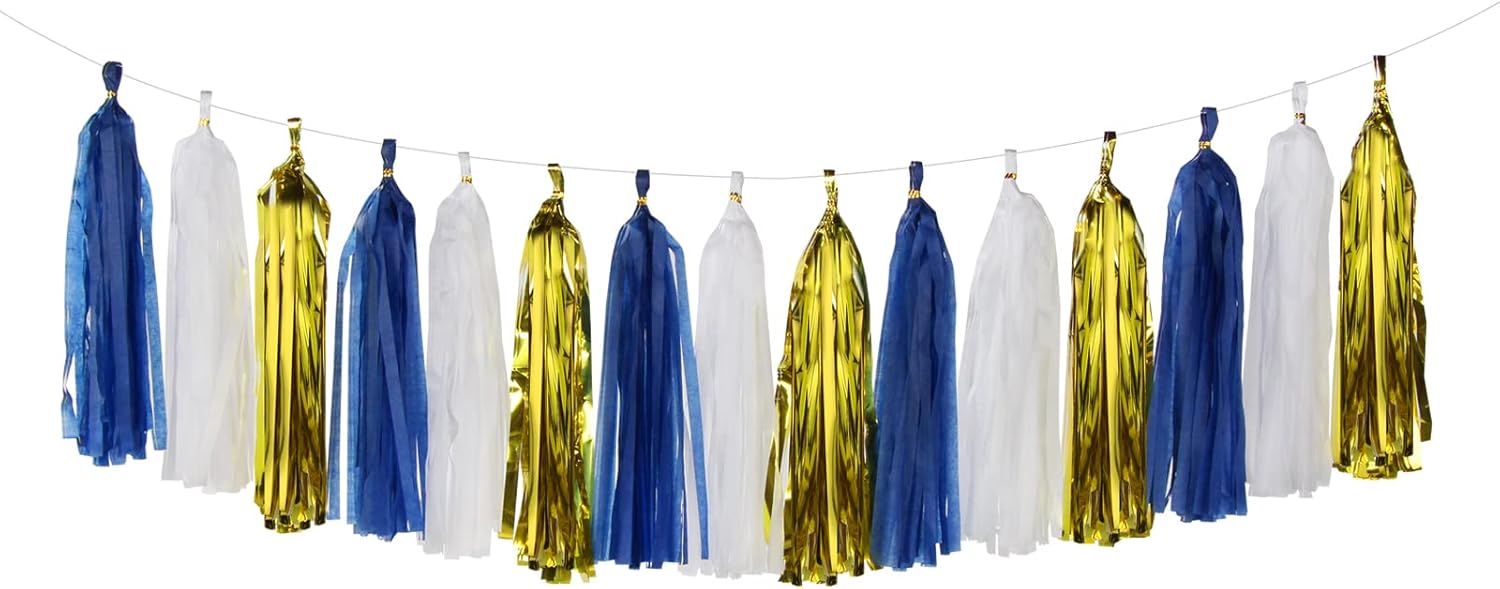 Navy-Blue White-Gold Tassel Garland Streamers- 15pcs Tissue Paper Tassels Banner Party Decorations Men Boy Birthday Graduation Bachelorette Engagement Backdrop Hanging Decor Panduola