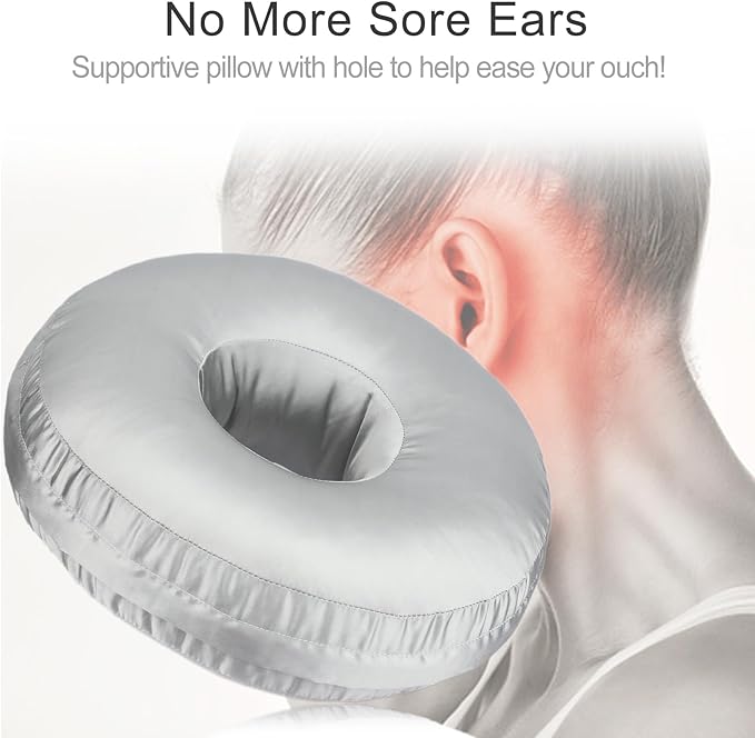 Silky Ear Piercing Pillows with Holes Removable Pillowcase Washable Donut Pillow for Ear Pain Side Sleeping Cartilage CNH Pressure Sore Tinnitus Headphones Relief Guard Protector Gray