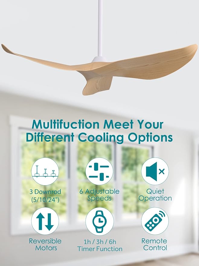 Sofucor 52" Ceiling Fan no Light and Remote Control, Modern Ceiling Fan without Light, Indoor Outdoor Ceiling Fan with Reversible Motor, 6 Speeds, Burlywood