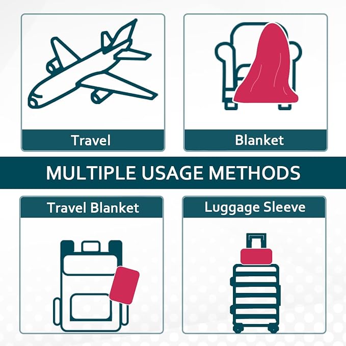 Vessia Travel Blanket for Airplane, Train and Car, Warm and Soft Travel Blanket and Pillow 2 in 1 for Adults and Kids, Portable Compact Long Flight Blanket with Luggage Sleeve, Backpack Clip(Hot Pink)
