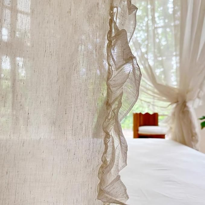 Elegant Modern Linen Princess 4 Corner Post Mosquito Net Romantic for Girls Women Bed Curtain Canopy for Adult Wedding Bedroom Kids Rooms Decoration (White-Beige, Full)