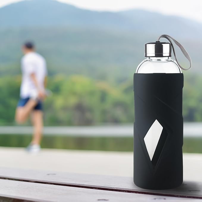 32 oz Borosilicate Glass Water Bottle BPA Free Reusable Glass Drinking Bottle with Silicone Sleeve and Stainless steel Lid