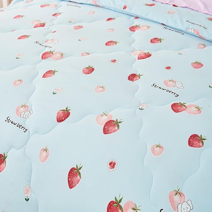 Wajade Kids Strawberry Comforter Set Bed in A Bag Twin Size 7 Piece Blue 3D Cute Strawberry Fruit Bedding Set for Girls Boys (1 Comforter, 1 Flat Sheet, 1 Fitted Sheet, 2 Pillowcase and 2 Pillow Sham)
