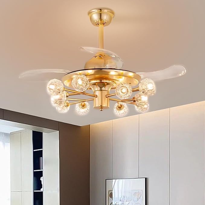 42" Chandelier Ceiling Fans with Lights: 12-Light Sputnik Ceiling Fan Crystal Chandeliers - Modern Retractable Fandelier Ceiling Fan for Bedroom Living Room - Gold Fandelier with Lights