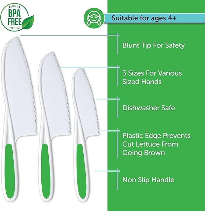 Kids Knife Set of 3 - Firm Grip, Serrated Edges & Safe – Colorful Nylon Toddler Knife Set to Cut Fruits, Salad, Cake, Lettuce (Green)