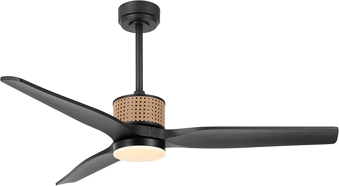 52" Ceiling Fan with Light and Remote, 3 Solid Wood Blades, Noiseless Reversible DC Motor Ceiling Fan with 4.5"/12" Downrods for Bedroom/Living Room/Porch (Black)