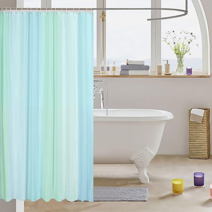 Feelyou Blue Green Stripe Shower Curtain Geometric Fabric Shower Curtain for Kids Simple Modern Bathroom Waterproof Accessories with 12 Hooks Women Men Fresh Style Curtains,72x78 Inches