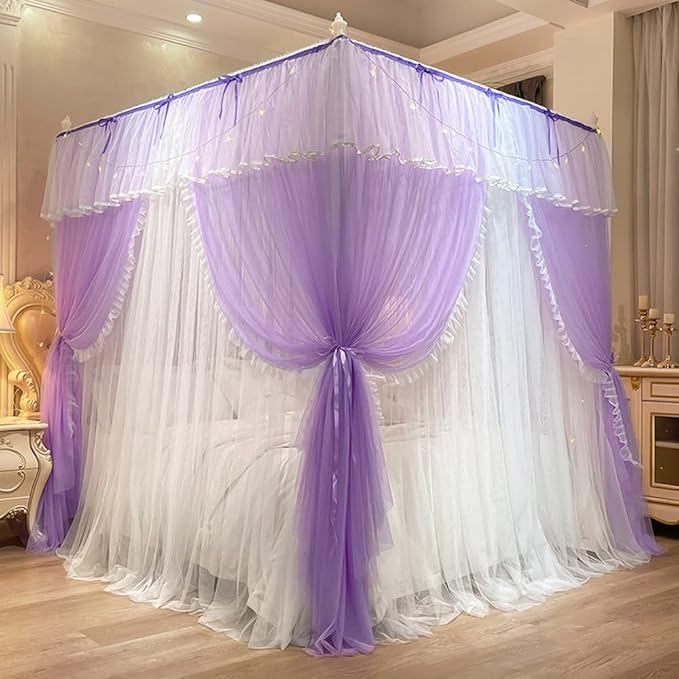 Mengersi Canopy Bed Curtains with Lights,4 Corner Bed Canopy Royal Luxurious Bed Drapes Netting,Princess Bed Curtains for Girls Adults Bedroom Decoration (Purple, California King)