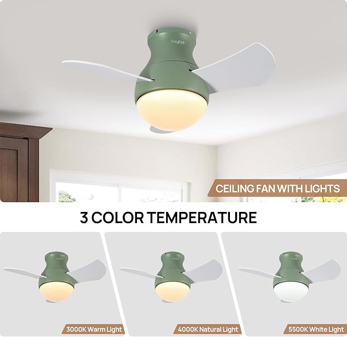 Ceiling Fan with LED Lights Flush Mount Low Profile Ceiling Fan with Remote Control 3 Plywood Fan Blades Small Ceiling Fan with Green Reversible DC Motor for Bedroom Living Room