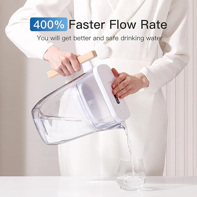 200-Gallon Long-Life Chubby 10-Cup Water Filter Pitcher with 1 Filter, 5X Times Lifetime, Reduces PFAS, PFOA/PFOS, Chlorine, BPA Free, Last Up to 3 Months, White
