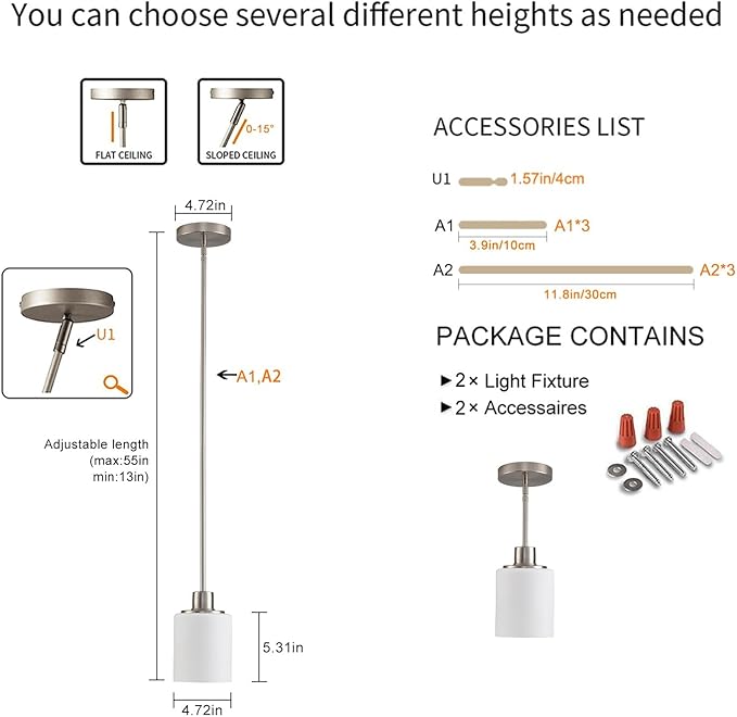 Brushed Nickel Pendant Lights Kitchen Island - Milk Glass Pendant Light Fixture Multiple Stems Rods 3 Units 12 Inch 3 Units 4 Inch (2 Pack Brushed Nickel Downrod)