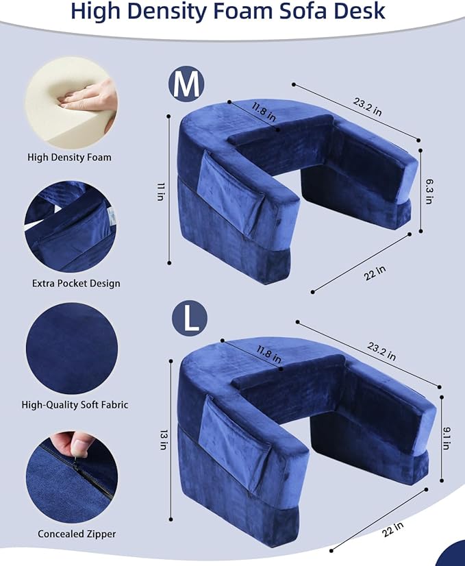 Weighted Idea Reading Pillow for Gaming, Extra Large Arm Rest Pillow for Adult，Lap Desk Pillow Gaming Pillow with 2 Side Pockets for Gaming, Reading, Working Sitting in Bed Floor Sofa (Blue)