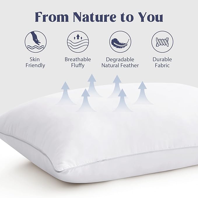 puredown® Goose Feathers Bed Pillows, 100% Cotton Cover, Standard Size Hotel Collection Pillows Set of 2 for Sleeping with Silver Piping, Feather and Polyester Filling