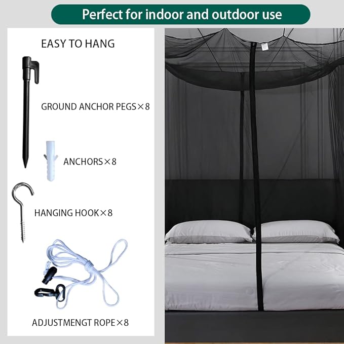 Mengersi Mosquito Net for Bed Canopy with Zipper,Canopy Bed Curtains Twin Full,Queen King Size Bed,Mosquito Netting for Patio,Camping,Bug Net for Camping,Black