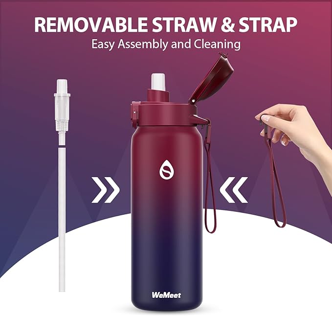 32oz Water Bottle with Removable Straw and Spout Lid Two Ways to Drink, 18/10 Stainless Steel Insulated Water Bottle, BPA-Free, Leak Proof, Double wall, for Sports, Gym
