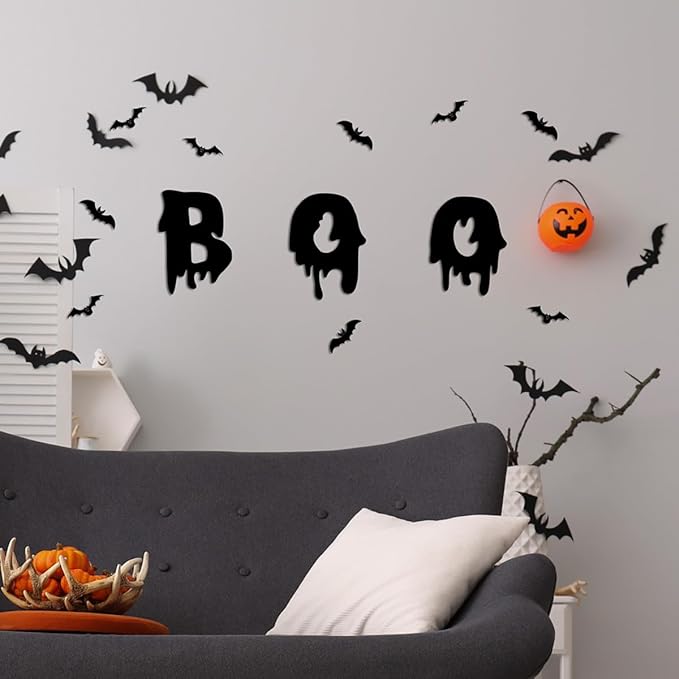 25Pcs Halloween Wall Decor 3D White Ghost Wall Decals Self-Adhesive Cute Halloween Decorations Black Bats Wall Stickers Gothic Designs Halloween Ghost Decorations for Window Home Party Decor Supplies