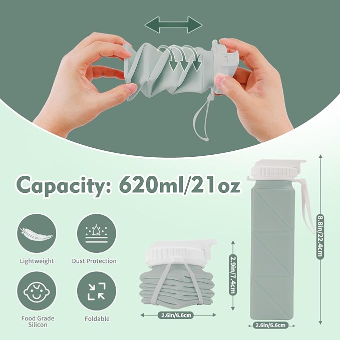 20 oz Water Bottle Collapsible | BPA Free Leakproof Lightweight Foldable Silicon Water Bottles | Twistable Water Cup | for Travel Gym Hiking Outdoor Camping Running Cycling Sports (Green)