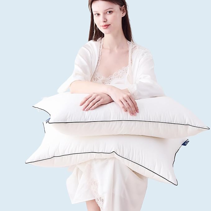 Goose Down Pillows Queen Size Set of 2, Luxury Hotel Collection Bed Pillow 2 Pack, Airyfil™ Powered Fillings & Feather Pillow，Soft Fluffy for Side, Back, Stomach Sleepers 20"x30"