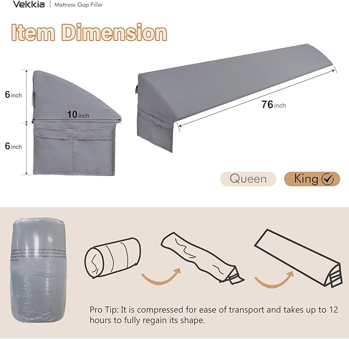 Vekkia Dual Density Bed Wedge Pillow/Mattress Gap Filler/Headboard Pillow/Pillow Wedge for Headboard Gap/Bed Gap Filler,Close Gap(0-6") Between Your Mattress and Headboard,Gray(King)