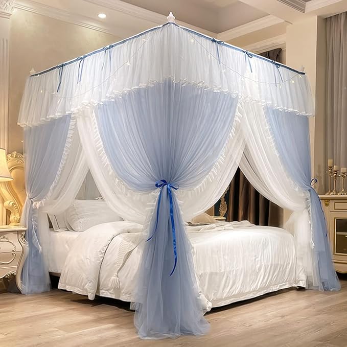 Mengersi Canopy Bed Curtains with Lights,4 Corner Bed Canopy Royal Luxurious Bed Drapes Netting,Princess Bed Curtains for Girls Adults Bedroom Decoration (Gray Blue, California King)
