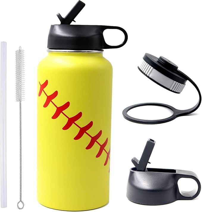 32 oz Softball Water Bottle, Flask Sports with 2 Lids Double Wall Vacuum Insulated Stainless Steel Wide Mouth Hot & Cold Thermo Mug (32oz, Yellow Softball)